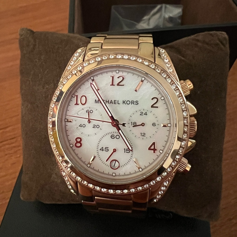 Michael Kors Rose Gold Chronograph Watch with Crystal Bezel